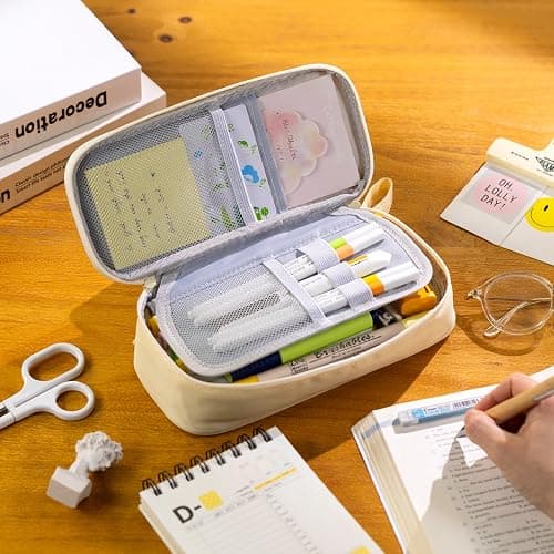 CICIMELON Durable Pen Pencil Case Big Storage Pen Pouch Bag for School Supplies College Teen Girls Adults, Beige thumbnail 2