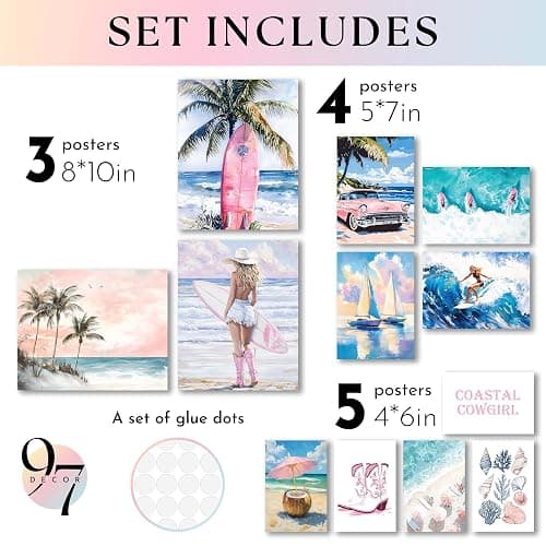 97 Decor Coastal Cowgirl Wall Art, 12 Pcs Preppy Beach Posters, Unframed | Coastal granddaughter decor, teen girl bedroom and dorm, mixed 8x10 5x7 4x6 sizes, blue beachy cardstock prints thumbnail 2