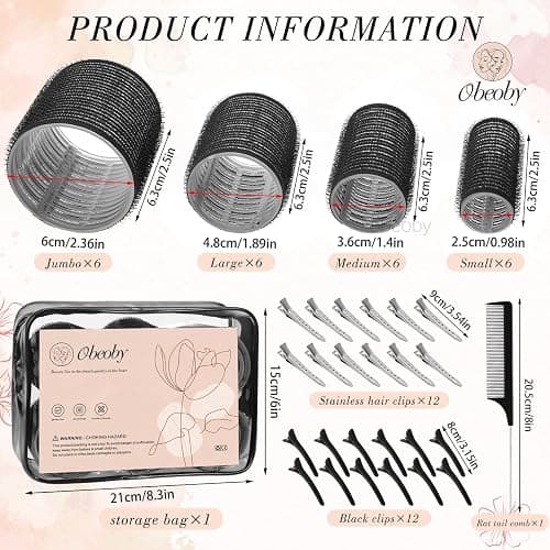 4 Sizes Self-Grip Hair Rollers Set - 50 Pcs Jumbo Curlers for Long, Short Hair and Bangs (25mm, 36mm, 48mm, 60mm) With Clips, Black thumbnail 2