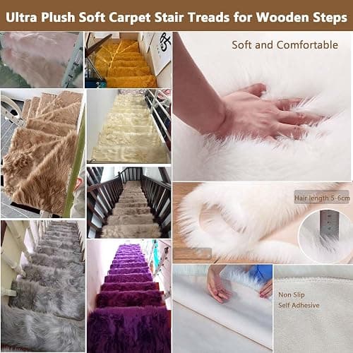 Soft Shaggy Plush Carpet Stair Treads for Wooden Steps Indoor,Non-Slip Fluffy Stair Runners Mat Staircase Rugs,Self Adhesive Stairway Grip Step Treads,Washable Stair Safety Mats Covers,Easy to Install thumbnail 4