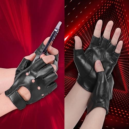 OurHonor Black Fingerless Gloves for Men Women, Halloween PU Leather Half Finger Glove Driving Performance Costume Sport thumbnail 6