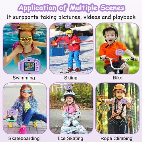 Kids Waterproof Camera, Christmas Birthday Gifts for Boys Girls Age 3-9, Children HD Digital Video Cameras, Portable Toy Child Underwater Camera 2 Inch Screen with 32GB Card (Purple) thumbnail 4