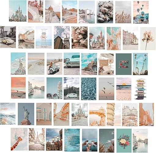 Onivein Peach Teal Wall Collage Kit Aesthetic Pictures, 50Pcs 4 x 6 Inch Blue Aesthetic Picture, Summer Beach Collage Print Kit, Trendy Cute Posters Photo Collage Kit for Dorm Bedroom Decor