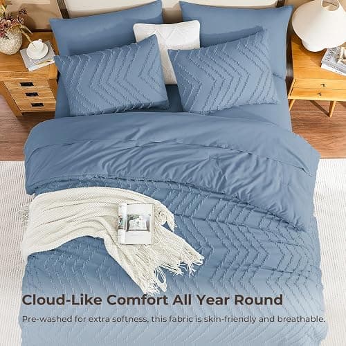 Litanika Full Comforter Set with Sheets, 7 Pieces Boho Bed in a Bag | Grey Blue Fluffy Lightweight Neutral Soft Warm Chevron Tufted Textured Bed Set thumbnail 4