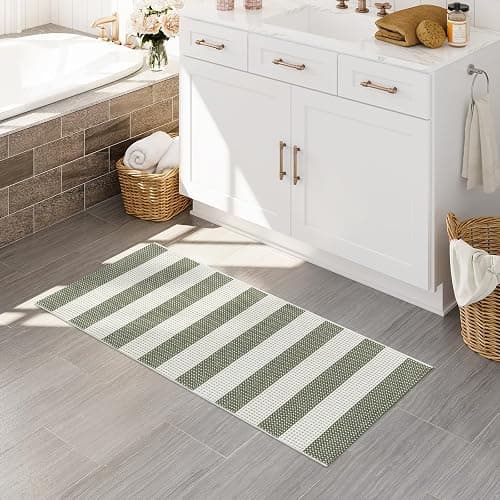OJIA Green and White Striped Rug 24"x51" Washable Front Door Mat Hand Woven Entry Rug Cotton Indoor Outdoor Rug Small Checkered Rugs for Front Porch Kitchen Entryway Patio Bathroom - 2'x4.3' - Green/Beige thumbnail 9