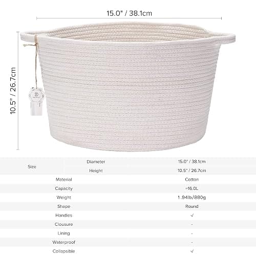 Sea Team Oval Cotton Rope Woven Storage Basket with Handles, Diaper Caddy, Nursery Nappies Organizer, Baby Shower Basket for Kid's Room, 14.2 x 14.2 x 10.2 Inches (Medium Size, White) thumbnail 3