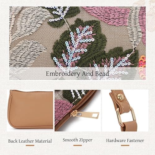 Oweisong Women Floral Beaded Purses Summer Hobo Embroidered Shoulder Bag Leather Sequin Top Handle Underarm Handbag thumbnail 2