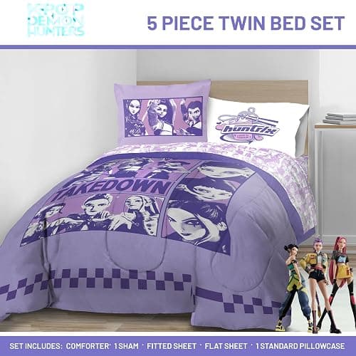 KPOP Demon Hunters Twin Comforter Set 5 Piece Kids Cartoon Bedding, Purple | Bed in a Bag, Comforter Sheets Sham Pillowcase, Official Brand, Soft Microfiber, Machine Washable, Easy Care, Girls Gift thumbnail 2