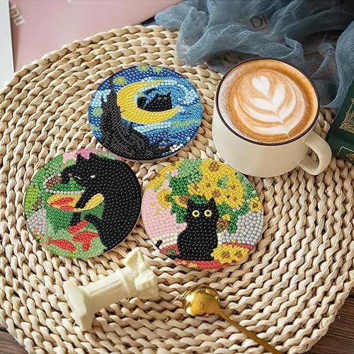 8 Pcs Black Cat Diamond Art Coasters Kits for Adults,DIY Diamond Painting Christmas Coaster Kits with Holder,Paint with Diamonds Coasters Craft Supplies for Decor Gifts thumbnail 4