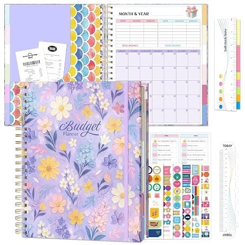 Ospelelf Budget Planner Undated, Money Expense Tracker with Pocket & Stickers, Thick Cardboard Cover, Large Pages for Spacious Writing, Original Fun Colorful Design, 12 Month Financial Notebook, Purple Floral - Image 1