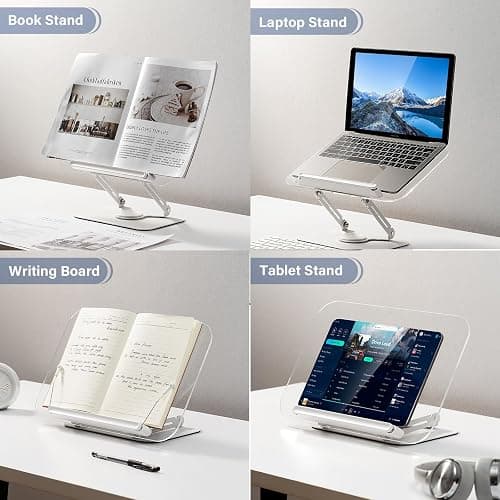 BYMECOST Acrylic Book Stand for Reading, Adjustable Book Holder with 360° Rotating Base & Elastic Page Clips, Foldable Desktop Riser Stand for Cookbook,Laptop,Tablet,Music Scores,Recipe,Textbook thumbnail 6