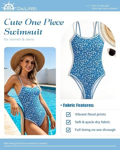 DaiLiWei One Piece Swimsuit Women Cute Floral Whip Stitch Swim Suits 2026 | Bathing Suit for Teens, Tummy Control Modest Swimwear, High Cut, Removable Padded, Self Tie Back, Pool Party, Beach Vacation thumbnail 7
