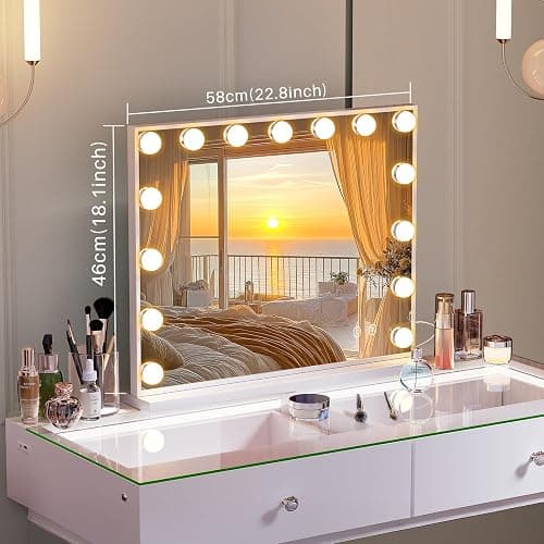 FENCHILIN Vanity Mirror with Lights and Bluetooth Speaker 22.8"x 18.1" Makeup Mirror Lighted Hollywood Mirror with 15 Dimmable LED Bulbs USB Charge Port, 3 Color Lighting Modes thumbnail 2