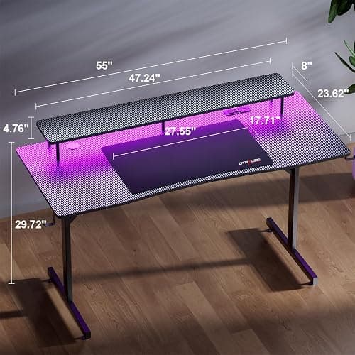 GTRACING 55 Inch Gaming Desk with LED Lights & Power Outlet, Computer Gamer Desk with Monitor Stand, Ergonomic Gaming Table Carbon Fiber Home Office Desk with Mouse Pad & Headphone Hook, Dark Black thumbnail 2