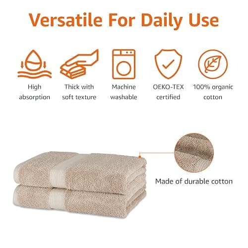 Amazon Basics Fade-Resistant 100% Cotton Bath Towel, 2 Pack, 30"x54", Taupe thumbnail 2
