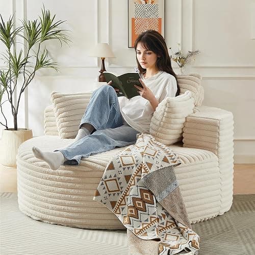 55"W Oversized Round Chair Lounge Chaise Indoor, Corduroy Upholstered Comfy Large Circle ArmChair, Modern Fluffy Deep Seat Cloud Sofa Chair Sleeper Sofa Bed for Living Room, Bedroom Apartment, Beige - Image 1