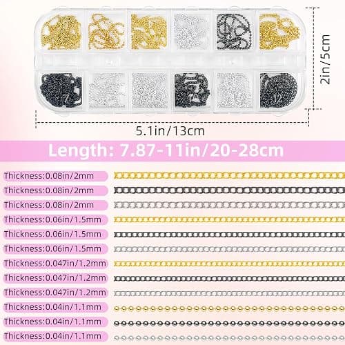 12 Strips Metal Nail Art Chains, 3D Gold Silver Dark Gray Punk Gothic Nail Chain Charms, Jewelry DIY Manicure Decorations, Gems Studs Accessories with Storage Box for Women Girls, Easy to Apply thumbnail 3