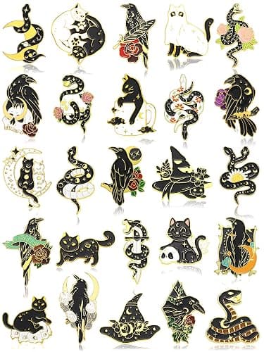 25 Pieces Black Gold Pins Set Backpack Brooches Gothic Pins Crow Snake Cat Button Badges Cool Horror Brooches Cute Aesthetic Badges for Clothing Bags Lapel Jackets DIY Decoration - Image 1