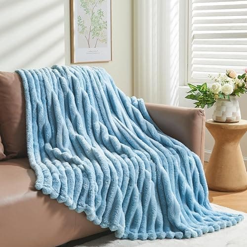 NEWCOSPLAY Super Soft Throw Blanket Blue Premium Silky Flannel Fleece 3D Ribbed Jacquard Lightweight Bed Blanket All Season Use (Blue Ribbed, Throw(50"x60")) thumbnail 8