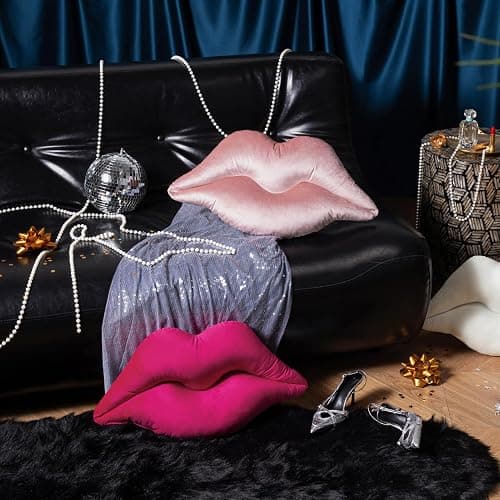 Ashler Upgraded Glossy Velvet Lip Shape Throw Pillow, Delicately Soft, Glossy Shimmering and Brilliant with Velvet Backing for Sofa, Bed and Living Room, Pink, 24 X 12 Inches thumbnail 2