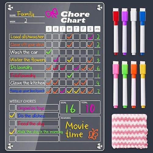 EASFREEAT 1pc Acrylic Magnetic Chore Chart for Kids, Chore Board, Dry Erase Chore Chart, 12"x8" Transparent Erasable Reward Chart for Teens and Adults Chore Checklist with Towel and 4 Markers - Image 1