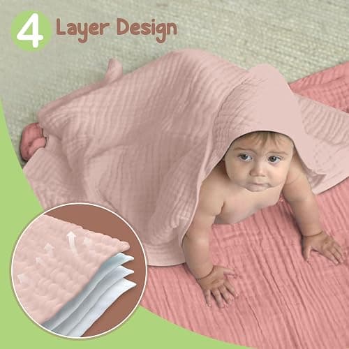 Organic Cotton Muslin Baby Hooded Towels - 81x81 cm, 2 Pack Newborn Bath Towels for Boys & Girls, Soft & Absorbent Bath Set (Rose/Peach) - Rose/Peach thumbnail 8