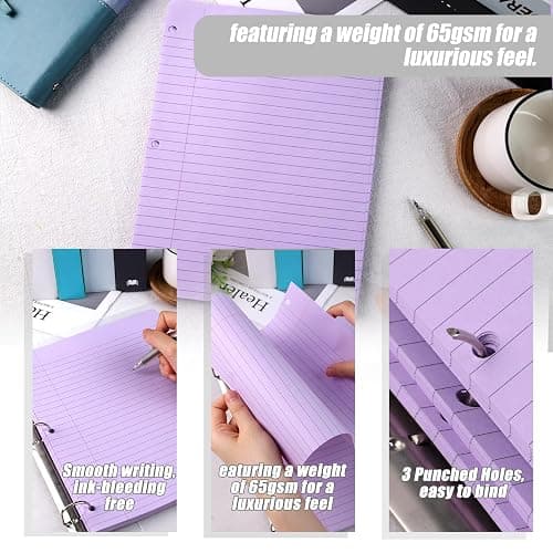 HIBOX Purple Loose Leaf Paper, 100 Sheets 8"x10.5" Colored Notebook Paper, 3-Hole Punched for 3-Ring Binders Notebook, School & College, Fights Ink Bleed, Office Planners thumbnail 3