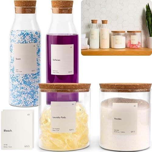 KIVY Glass Detergent Dispenser Container Set of 4 [INCL Labels] Large Glass jars for Laundry Room Organization Decor - Laundry soap dispenser for liquid detergent dispenser - Fabric softener dispenser - Image 1