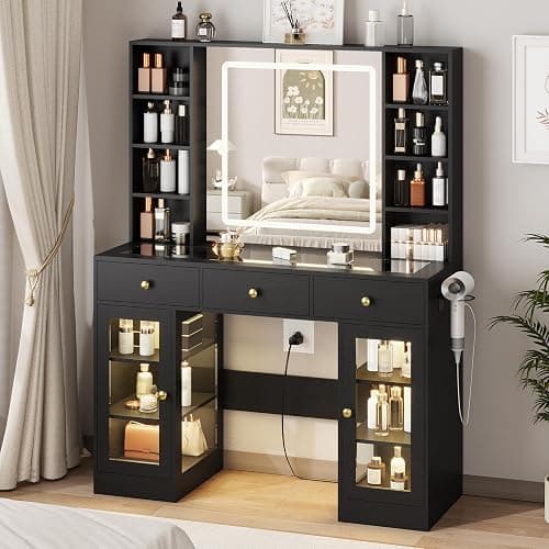 Black Vanity Desk with Mirror and Lights, Glass Top Vanity with Lighted Mirror & RGB Cabinet and 3 Drawers, Dressing Table with 8 Shelves, Makeup Desk with Lights for Girls Bedroom, 3 Color Modes - Image 1