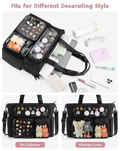 Prokva Large Ita Bag, Kawaii Pin Display Ita Tote Bag for Anime Kpop Fans | Ita Tote Bag with 3 Pin Display Pockets & 2 Inserts, Fits 15.6” Laptop, Kawaii Gift for Anime Kpop Fans Concert Cosplay thumbnail 4