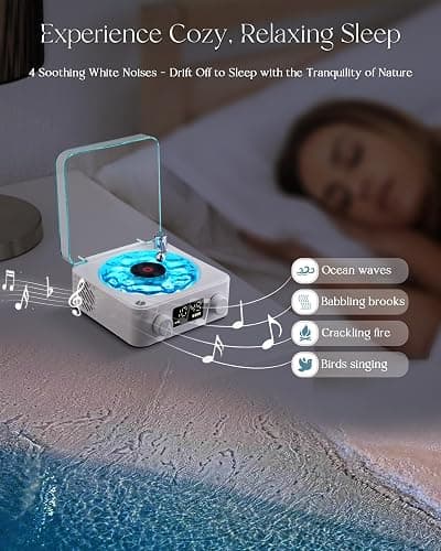 Waves Vinyl Bluetooth Speaker, Vinyl Record Player Style Speaker with Ocean Sound White Noise, Retro Bluetooth Speaker with Ambient Light and Timer, Mini Record Player Cute Speaker, White thumbnail 3