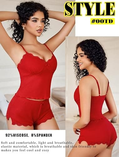Avidlove Women Cami Pajama Set Sexy Sleepwear V Neck Lace Trim Short PJ Set Side Slit Nightwear S-XXL thumbnail 4