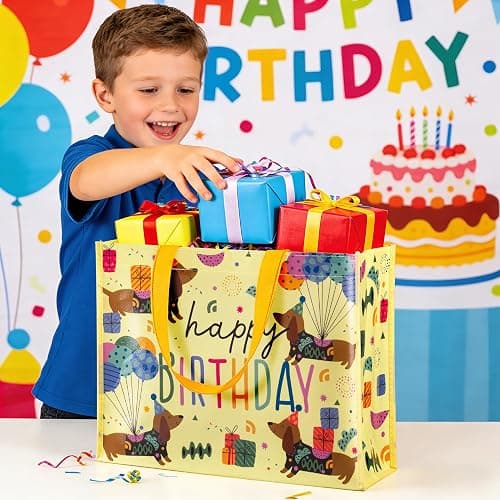 WRAPAHOLIC Large Reusable Beige Dachshund Birthday Gift Bag with Handles - 10 x 5 x 13 inch - Happy Bday Beige Dog Gift Bags for Kids Boys Girls Birthday, Pet Lovers and Shopping thumbnail 8