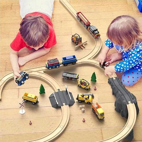 Giant bean 12 Vehicles Train Car Set Accessories, Battery Operated Magnetic Mini Construction Set for Wooden Train Tracks, Bulk Car Toys for Toddlers 3 4 5 Year Boys Girls Kids thumbnail 2