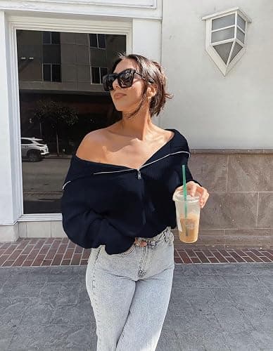 BTFBM Womens Sweaters Quarter Zip Pullover V Neck Collar Long Sleeve Ribbed Knit Loose Casual 2025 Winter Fall Sweater thumbnail 5