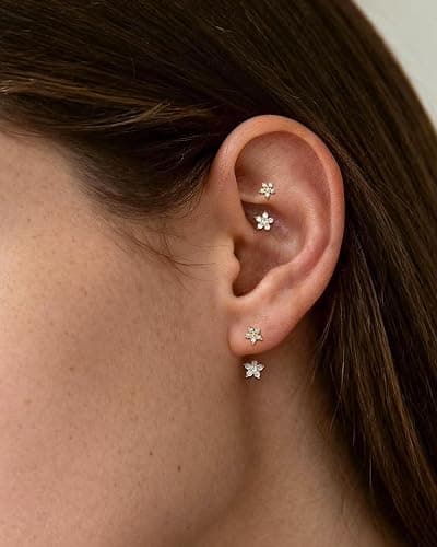 COCHARM Minimalist Flower Rook Piercing Jewelry, 16G 5A CZ Eyebrow Piercing, Stainless Steel Rook Lobe Earrings 6/8MM thumbnail 2