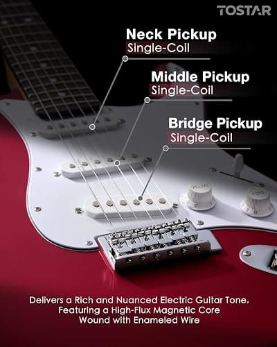 Tostar Electric Guitar Kit for Beginners with 39" Lightweight Body, Red | Rounded Matte Body, Rich Sound, SSH Pickups, 5 Way Switch, 1:18 Tuners, Vintage Tremolo Bridge, Complete Accessories Kit thumbnail 6