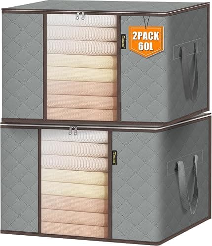 BALEINE 2 Pack Clothes Storage Bags, 16 Gallon Storage Containers with Reinforced Handle, Sturdy Zipper, Closet Organizer for Blanket, Comforter, Pillow, Bedding (Grey, 2 Pack) - Image 1