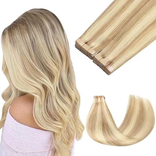 GOO GOO Tape in Hair Extensions Human Hair, 18A/613A Dark Blonde Highlighted Bleach Blonde, 20inch 100g 40pcs, Skin Weft Seamless Invisible, Silky Straight with Thick Ends, Remy Human Hair - Image 1