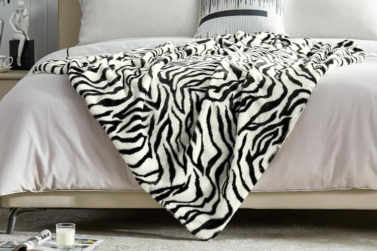 JONIYEAR Soft Fluffy Zebra Print Faux Rabbit Fur Throw Blanket 50" x 60", Luxury Cozy Shaggy Fuzzy Blankets, Reversible Cute Warm Animal Printed Blanket for Women Winter,Washable,Cream White and Black thumbnail 4