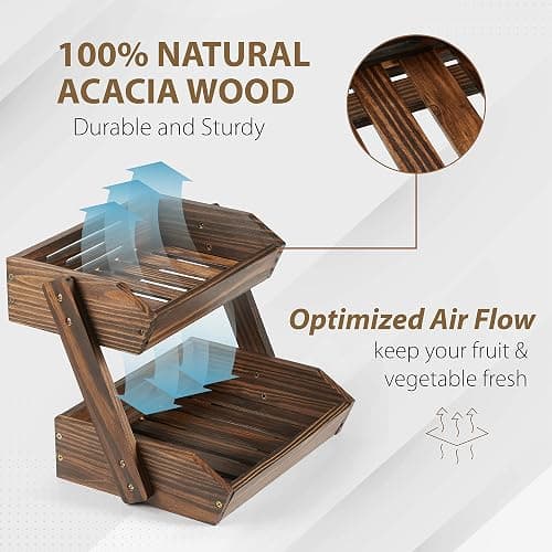 NAGAWOOD Large Capacity 2-Tier Wooden Fruit Basket, Durable Acacia Wood, 10.5" Tall, Spacious for Produce, Vegetables, Bread Storage and Home Kitchen Countertop thumbnail 4