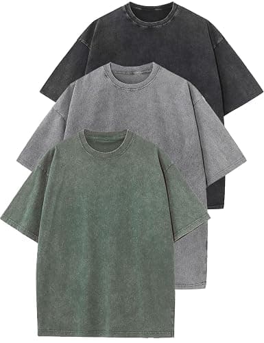 Flygo 3 Pack Men Oversized T Shirts Acid Washed Unisex Tee Loose Fit Short Sleeve Casual Streetwear Baggy Basic Tops - Image 1