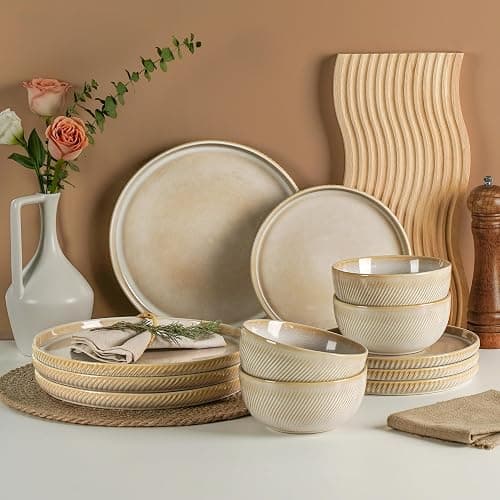 Metflavor Stoneware Dinnerware Sets for 4, 12-Piece Scratch Resistant Plates and Bowls Set, Dishwasher and Microwave Safe Ceramic Dishes Set, Ribbed, Sculpted Dune - Image 1