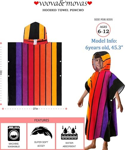 NATE: VOOVA & MOVAS Hooded Poncho Towels for Big Kids - (6-12Years), Absorbent Soft 100% Cotton Beach | Bath | Pool Swim Towel with Hood for Boys | Girls - Stripe - Kids(6-12Years) - Stripe thumbnail 3