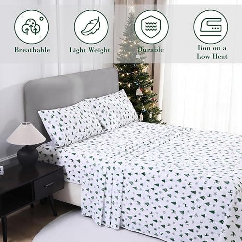 Viviland Christmas Holiday 100% Cotton Sheets Twin Single, Crisp Cooling Percale Deer Pine Tree Sheets, Soft Cozy Snowflake Winter Bedding thumbnail 5