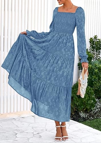 PRETTYGARDEN Fall Wedding Guest Dresses for Women 2025 Floral Long Sleeve Smocked Tiered Elegant Long Flowy Boho Dress thumbnail 7