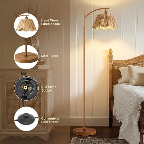 Oneach Rattan Floor Lamp for Bedroom, Boho Floor Lamp with Foot Switch, Farmhouse Standing Lamps for Living Room with Hand-Woven Shade, Walnut Metal Base & Pole thumbnail 7
