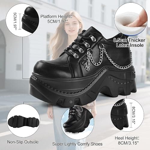 Pixviana Women's Platform Sneakers Fashion Wedge Chunky Black Casual Y2K Bride Wedding Sneaker Heels Platform Shoes for Women with Chains plataformas de Mujer Size 5.5-11 thumbnail 4