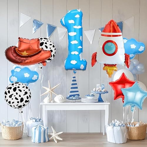 Toy Themed Decorations, 9pcs Cow Print Sky Blue Cloud Balloons with Rocket Balloon and Cowboy Hat Balloon for Kids Inspired Story 1st Birthday Party Decorations (1ST) thumbnail 2