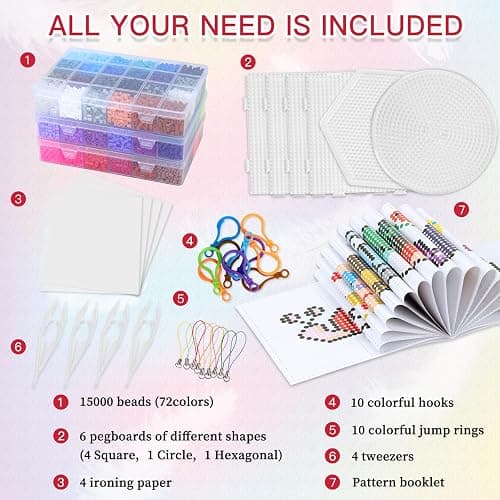 QUEFE Fuse Beads Kit 15000 Pcs 72 Colors 5mm Beads Craft Kit Including Pegboard, Melting Beads, Ironing Paper, Tweezers & Colorful Hooks, Christmas Home School Arts and Crafts Supplies for Girls thumbnail 2